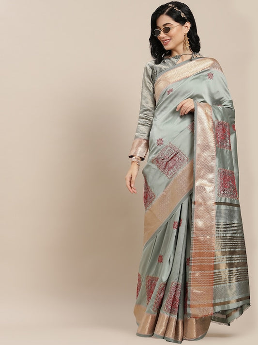 Dhiyona RV Women's Elegant Soft Cotton Silk Saree with Thread Floral Embroidery & Golden Border With Blouse ( KVD1844 )