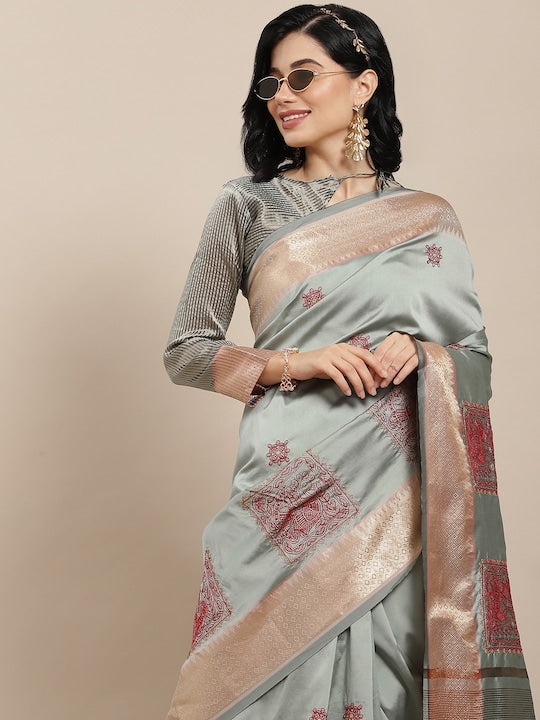 Dhiyona RV Women's Elegant Soft Cotton Silk Saree with Thread Floral Embroidery & Golden Border With Blouse ( KVD1844 )
