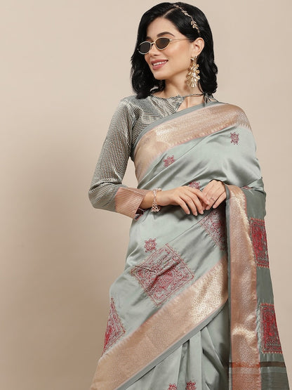 Dhiyona RV Women's Elegant Soft Cotton Silk Saree with Thread Floral Embroidery & Golden Border With Blouse ( KVD1844 )