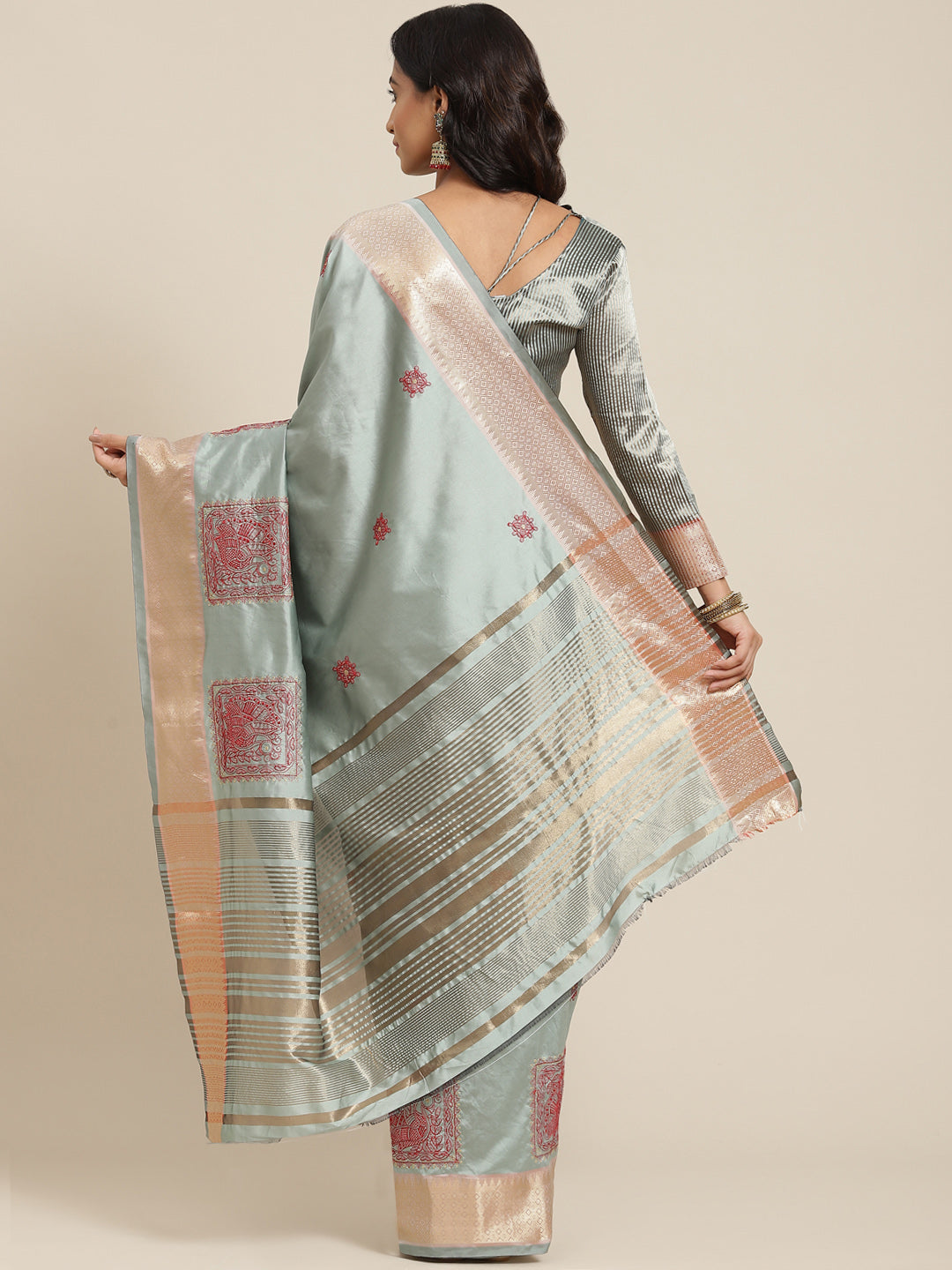 Dhiyona RV Women's Elegant Soft Cotton Silk Saree with Thread Floral Embroidery & Golden Border With Blouse ( KVD1844 )