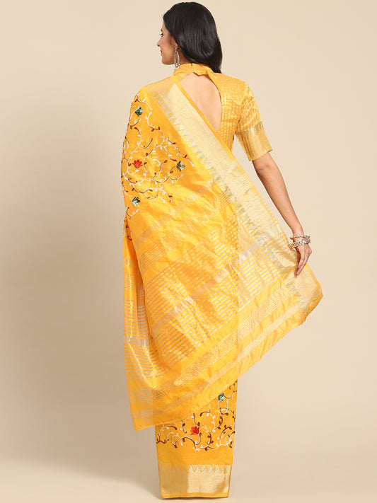 Dhiyona RV Women's Elegant Assam Cotton Silk Saree with Thread Embroidery & Golden Zari Border With Blouse ( KVD1890 )