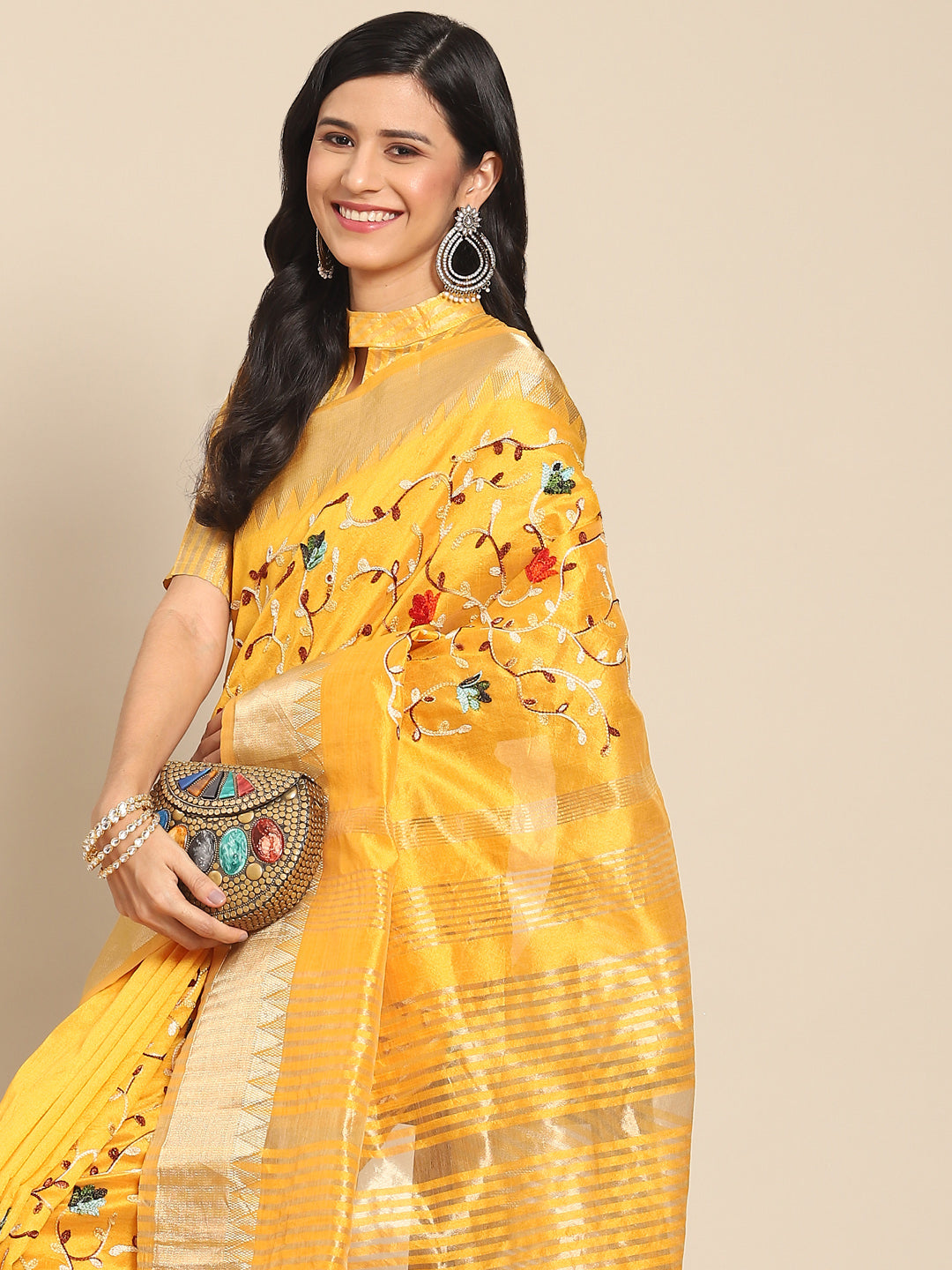 Dhiyona RV Women's Elegant Assam Cotton Silk Saree with Thread Embroidery & Golden Zari Border With Blouse ( KVD1890 )