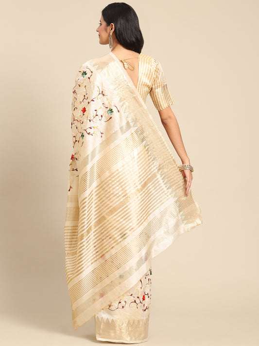 Dhiyona RV Women's Elegant Assam Cotton Silk Saree with Thread Embroidery & Golden Zari Border With Blouse ( KVD1891 )