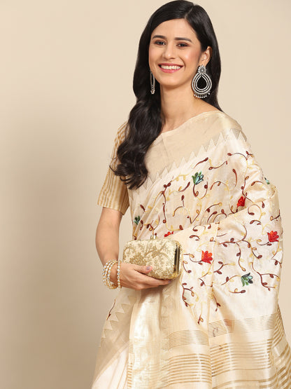 Dhiyona RV Women's Elegant Assam Cotton Silk Saree with Thread Embroidery & Golden Zari Border With Blouse ( KVD1891 )