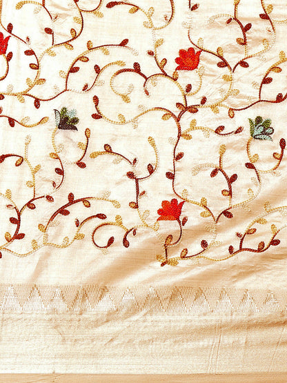 Dhiyona RV Women's Elegant Assam Cotton Silk Saree with Thread Embroidery & Golden Zari Border With Blouse ( KVD1891 )