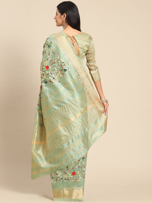 Dhiyona RV Women's Elegant Assam Cotton Silk Saree with Thread Embroidery & Golden Zari Border With Blouse ( KVD1892 )
