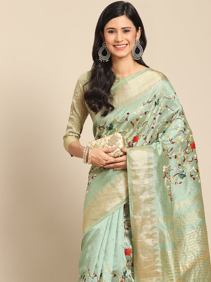 Dhiyona RV Women's Elegant Assam Cotton Silk Saree with Thread Embroidery & Golden Zari Border With Blouse ( KVD1892 )
