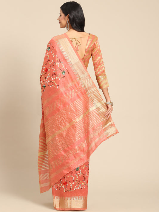 Dhiyona RV Women's Elegant Assam Cotton Silk Saree with Thread Embroidery & Golden Zari Border With Blouse ( KVD1893 )