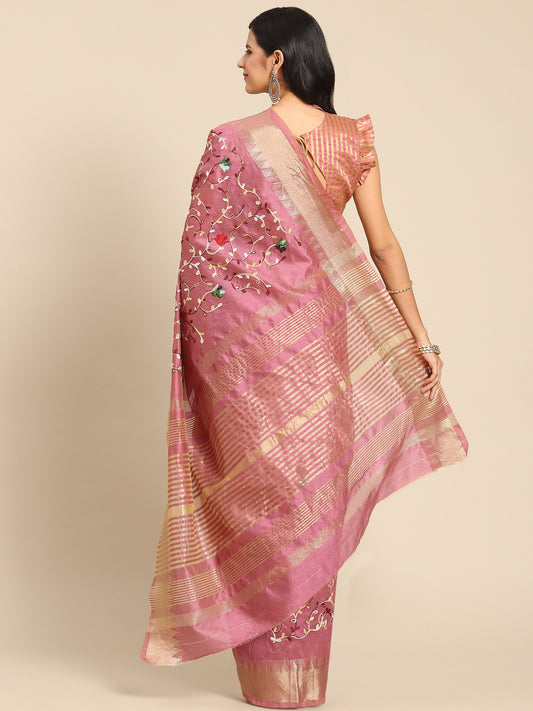 Dhiyona RV Women's Elegant Assam Cotton Silk Saree with Thread Embroidery & Golden Zari Border With Blouse ( KVD1894 )