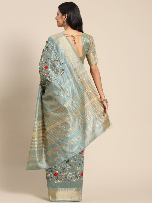 Dhiyona RV Women's Elegant Assam Cotton Silk Saree with Thread Embroidery & Golden Zari Border With Blouse ( KVD1895 )