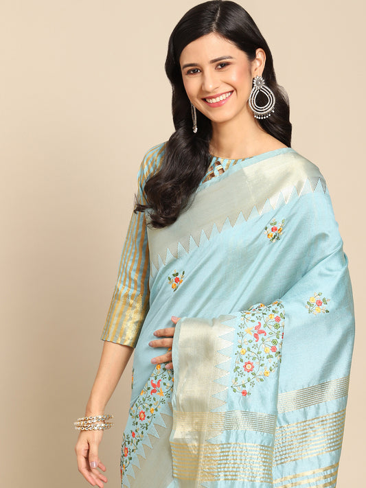 Dhiyona RV Women's Elegant Assam Cotton Silk Embroidered Saree with Temple Contrast Border  ( KVD1897 )