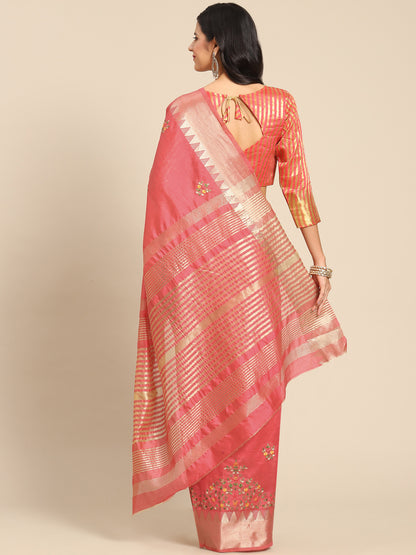 Dhiyona RV Women's Elegant Assam Cotton Silk Embroidered Saree with Temple Contrast Border  ( KVD1898 )