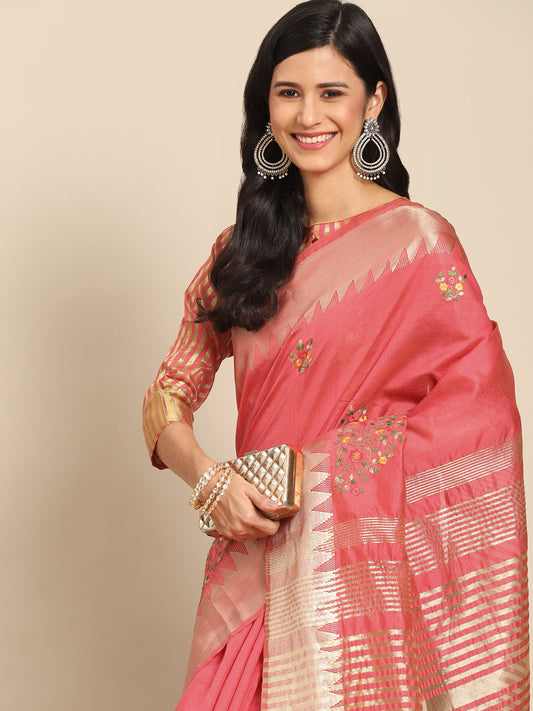 Dhiyona RV Women's Elegant Assam Cotton Silk Embroidered Saree with Temple Contrast Border  ( KVD1898 )