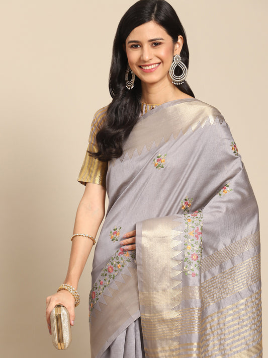 Dhiyona RV Women's Elegant Assam Cotton Silk Embroidered Saree with Temple Contrast Border  ( KVD1899 )