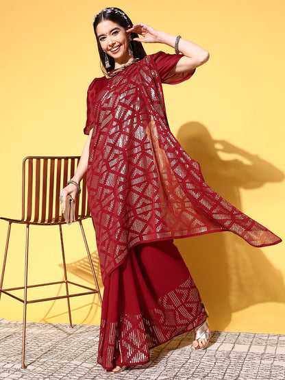 Dhiyona RV Women's Premium Georgette Sequins Embroidered Saree with Banglori Silk Blouse ( KVD1923 )