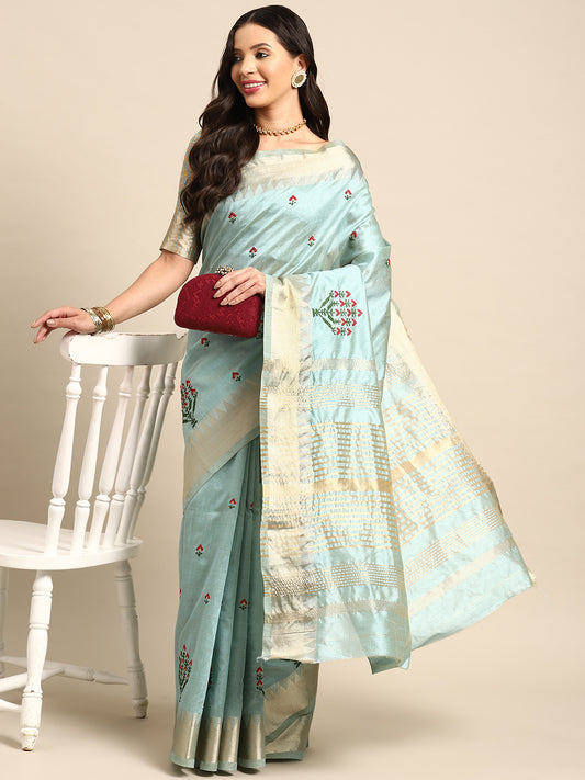 Dhiyona RV Women's Assam Silk Colorful Thread Embroidered Saree ( KVD1934 )