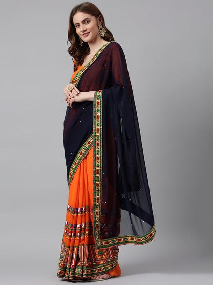 Dhiyona RV Women's Designer Half & Half Georgette Embroidery Work Saree With Blouse ( KVD2 )