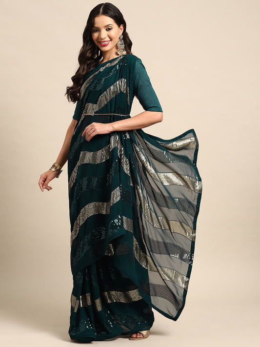 Dhiyona RV Women's Elegant Georgette Sequins Embroidered Saree with Banglori Silk Blouse ( KVD2041 )