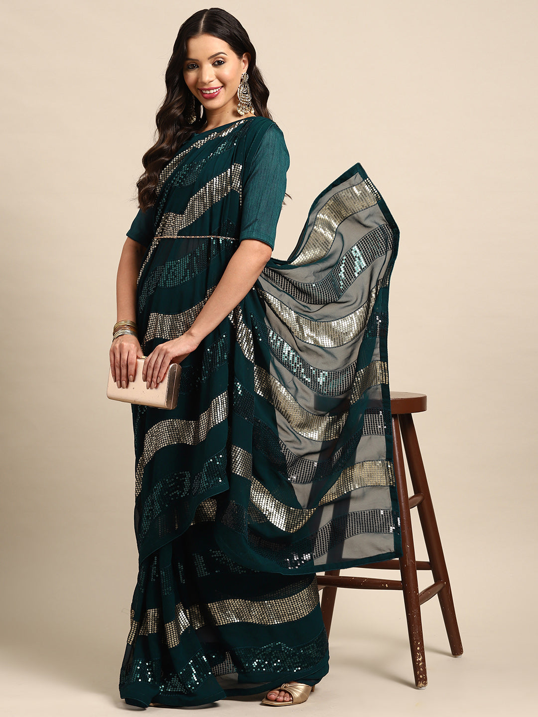 Dhiyona RV Women's Elegant Georgette Sequins Embroidered Saree with Banglori Silk Blouse ( KVD2041 )