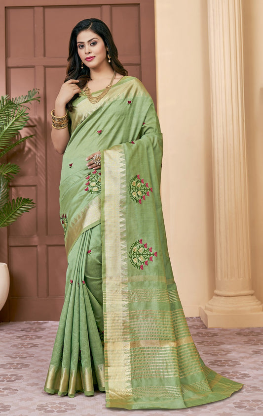 Dhiyona RV Women's Elegant Assam Cotton Silk Saree with Colorful Thread Embroidery & Temple Border With Blouse ( KVD2043 )