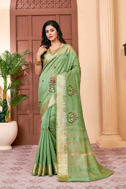 Dhiyona RV Women's Elegant Assam Cotton Silk Saree with Colorful Thread Embroidery & Temple Border With Blouse ( KVD2043 )