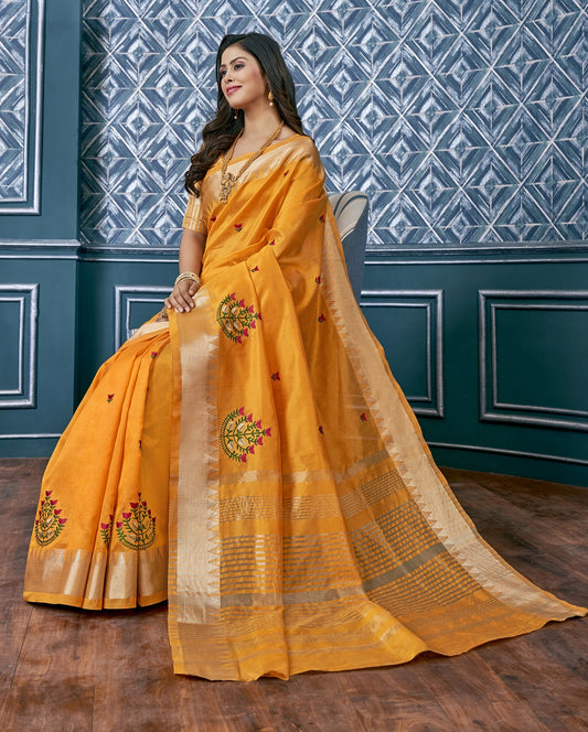 Dhiyona RV Women's Elegant Assam Cotton Silk Saree with Colorful Thread Embroidery & Temple Border With Blouse ( KVD2044 )