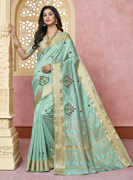 Dhiyona RV Women's Elegant Assam Cotton Silk Saree with Colorful Thread Embroidery & Temple Border With Blouse ( KVD2045 )