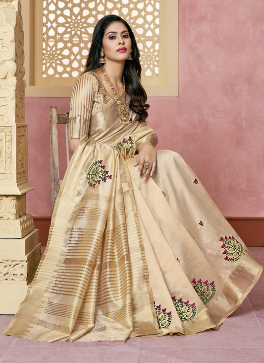 Dhiyona RV Women's Elegant Assam Cotton Silk Saree with Colorful Thread Embroidery & Temple Border With Blouse ( KVD2046 )