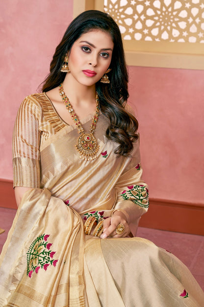 Dhiyona RV Women's Elegant Assam Cotton Silk Saree with Colorful Thread Embroidery & Temple Border With Blouse ( KVD2046 )