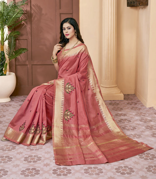 Dhiyona RV Women's Elegant Assam Cotton Silk Saree with Colorful Thread Embroidery & Temple Border With Blouse ( KVD2047 )
