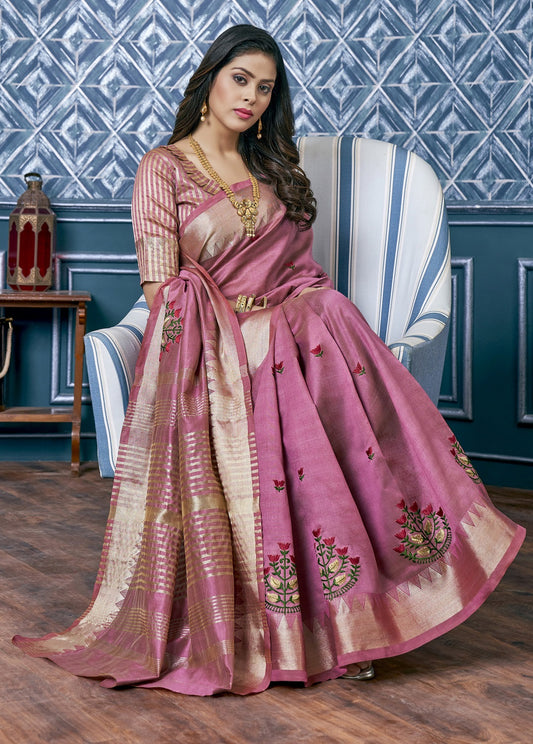 Dhiyona RV Women's Elegant Assam Cotton Silk Saree with Colorful Thread Embroidery & Temple Border With Blouse ( KVD2048 )
