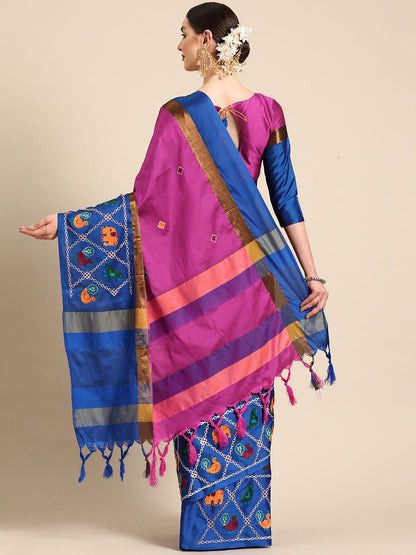 Dhiyona RV Women's Designer Traditional Embroidered Cotton Silk Saree With Blouse ( KVD2070 )