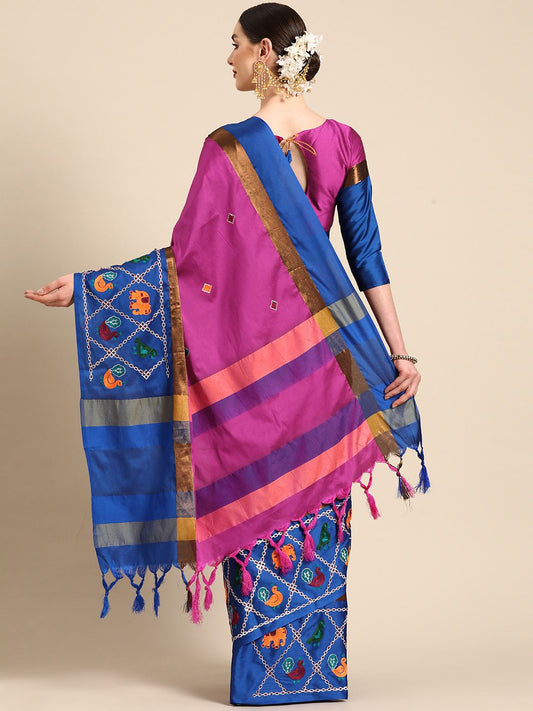 Dhiyona RV Women's Designer Traditional Embroidered Cotton Silk Saree With Blouse ( KVD2070 )