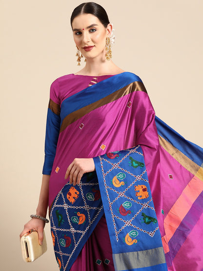 Dhiyona RV Women's Designer Traditional Embroidered Cotton Silk Saree With Blouse ( KVD2070 )