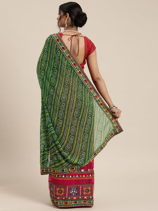 Dhiyona RV Women's half and half bandhani pallu Green and Pink color saree ( KVD208 )