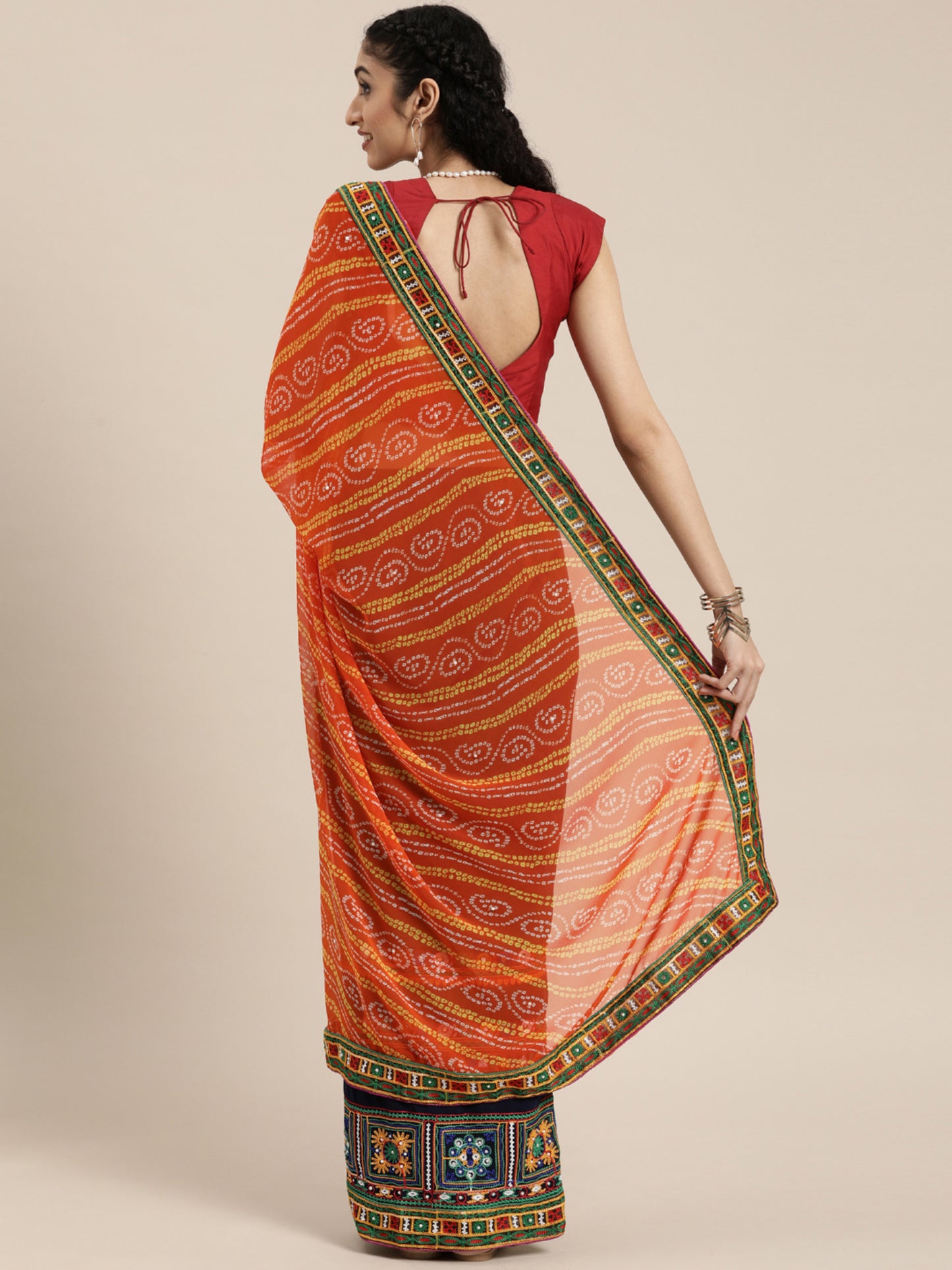 Dhiyona RV Women's half and half bandhani pallu Orange  and Navy Blue color saree ( KVD209 )