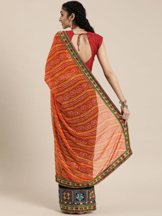 Dhiyona RV Women's half and half bandhani pallu Orange  and Navy Blue color saree ( KVD209 )