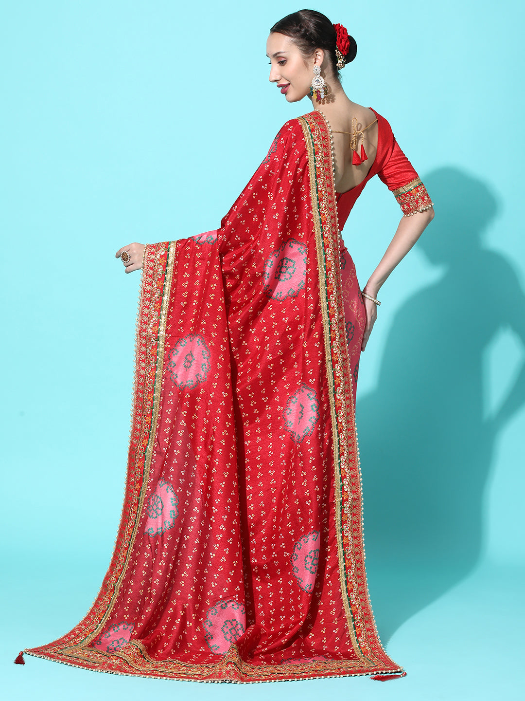 Dhiyona RV Women's Soft Dola Silk With Bhandhani With Colourful Embroidery Heavy Lace Saree With Blouse ( KVD2091 )