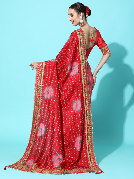 Dhiyona RV Women's Soft Dola Silk With Bhandhani With Colourful Embroidery Heavy Lace Saree With Blouse ( KVD2091 )