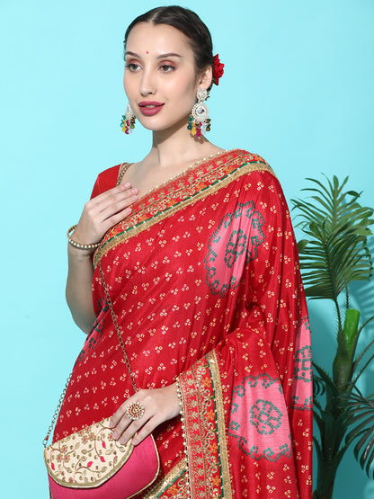 Dhiyona RV Women's Soft Dola Silk With Bhandhani With Colourful Embroidery Heavy Lace Saree With Blouse ( KVD2091 )