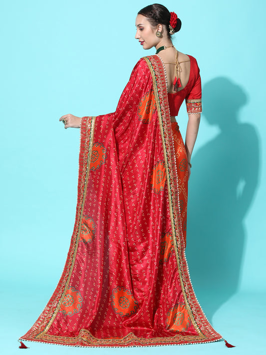 Dhiyona RV Women's Soft Dola Silk With Bhandhani With Colourful Embroidery Heavy Lace Saree With Blouse ( KVD2092 )
