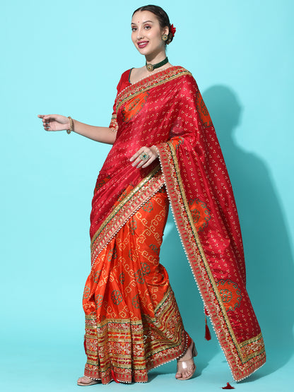 Dhiyona RV Women's Soft Dola Silk With Bhandhani With Colourful Embroidery Heavy Lace Saree With Blouse ( KVD2092 )