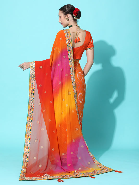 Dhiyona RV Women's Soft Pure Georgette With Bhandhani Print With Heavy Lace Saree With Blouse ( KVD2099 )