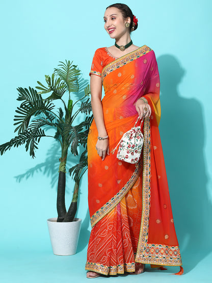 Dhiyona RV Women's Soft Pure Georgette With Bhandhani Print With Heavy Lace Saree With Blouse ( KVD2099 )