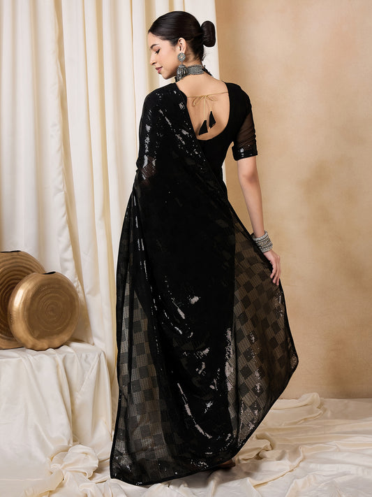 Dhiyona RV Women's Elegant Black Sequins Embroidered Georgette Saree with Matching Blouse ( KVD2110 )