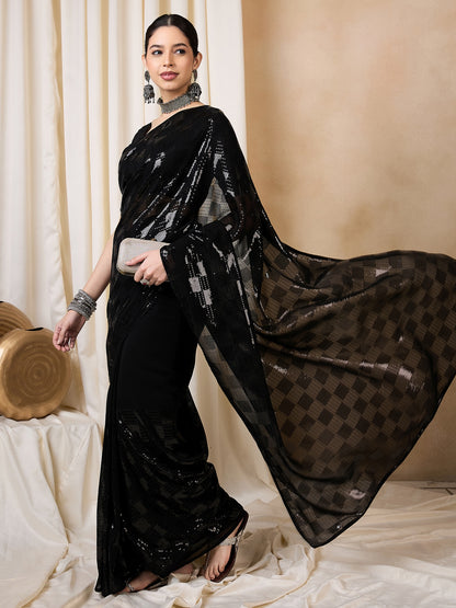 Dhiyona RV Women's Elegant Black Sequins Embroidered Georgette Saree with Matching Blouse ( KVD2110 )