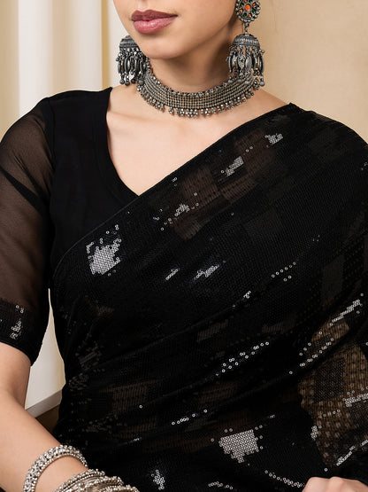 Dhiyona RV Women's Elegant Black Sequins Embroidered Georgette Saree with Matching Blouse ( KVD2110 )