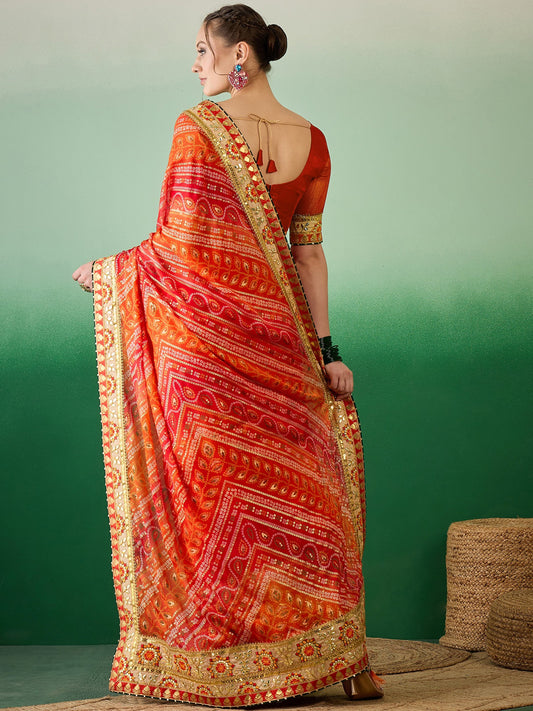 Dhiyona RV Women's Soft Mose Chiffon With Bhandhani Print With Heavy Lace Saree With Blouse ( KVD2128 )