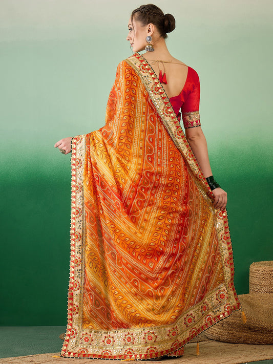 Dhiyona RV Women's Soft Mose Chiffon With Bhandhani Print With Heavy Lace Saree With Blouse ( KVD2129 )