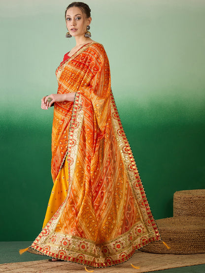 Dhiyona RV Women's Soft Mose Chiffon With Bhandhani Print With Heavy Lace Saree With Blouse ( KVD2129 )